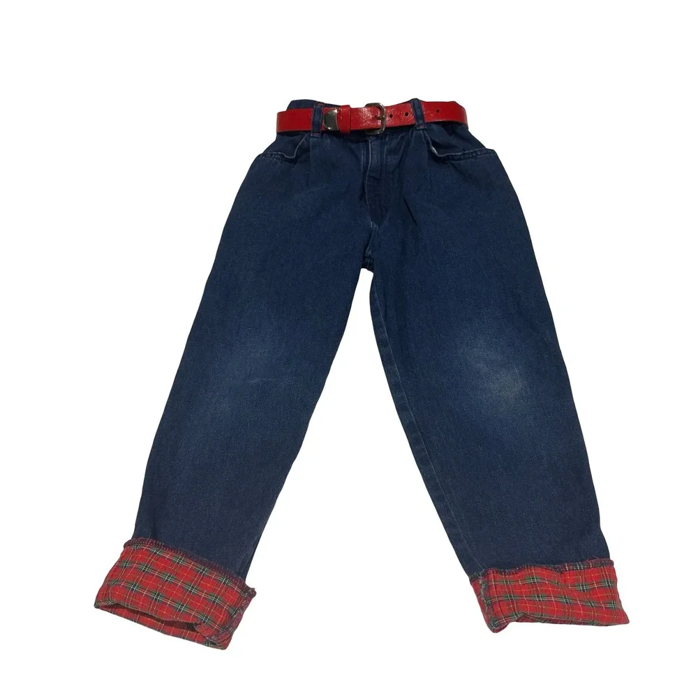 Vintage OshKosh Bgosh Girls 3pc Red Plaid Shirt Denim Jeans Skirt Set Size 6 USA